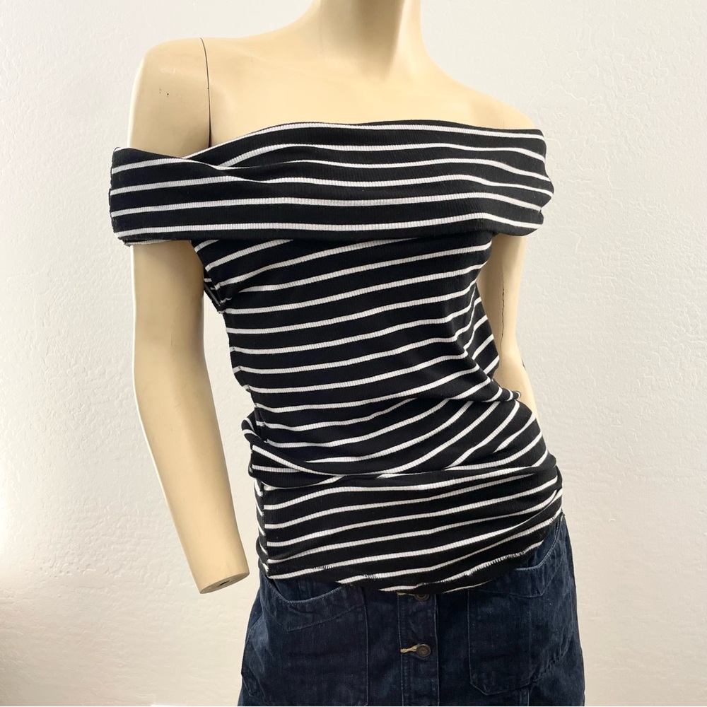 Free People Black and White Off-Shoulder Striped Blouse- L - Picture 3 of 13